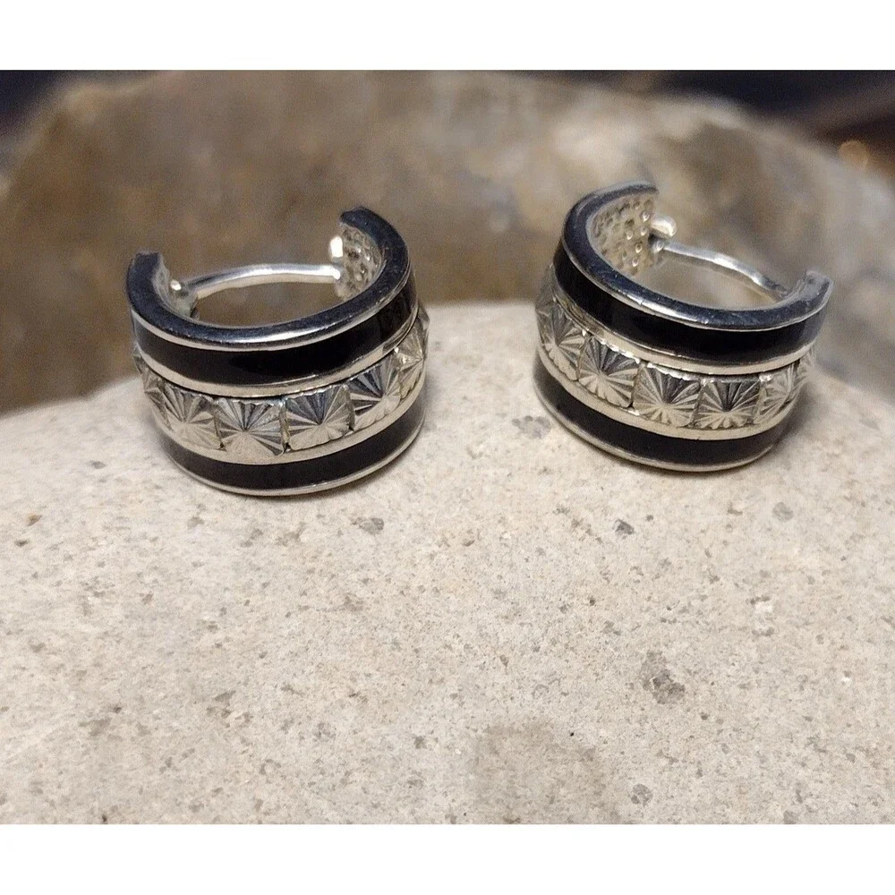 VTG CX Bright Cut Sterling Silver 925 Black Enamel Wide Hoop Hugger Earrings